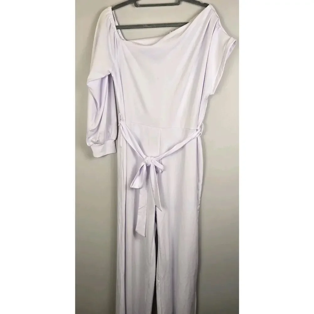 White Poly Spandex Jumpsuit Flare Leg HiLo Sleeves Belted 26" Inseam. RESORT NEW - Picture 2 of 8